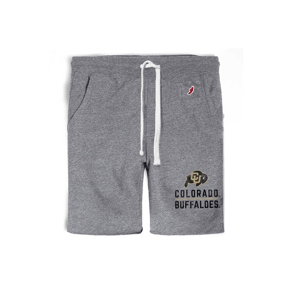 Grey shorts with a white waistband drawstring and Colorado Buffaloes lettering and CU buffalo logo on left side.